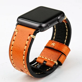 MAIKES natūralios Odos Dirželis Watchband Orange Žiūrėti Apyrankę, Apple Watch Band 44mm 40mm 42mm 38mm Serijos SE 6 5 4 3 2 iWatch
