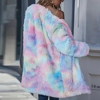 2020 M. Moteris Ilgai Fleece Striukė Pliušinis Vaivorykštė Kaklaraištis Dažų Ilgomis Rankovėmis Paltai Striukės Fuzzy Šiltų Paltų Mados Hip-Hop Streetwear