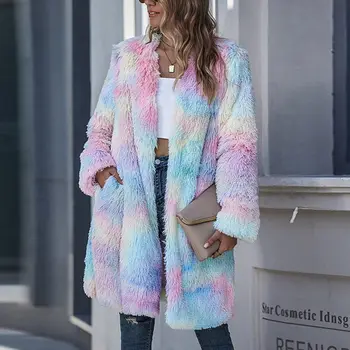 2020 M. Moteris Ilgai Fleece Striukė Pliušinis Vaivorykštė Kaklaraištis Dažų Ilgomis Rankovėmis Paltai Striukės Fuzzy Šiltų Paltų Mados Hip-Hop Streetwear