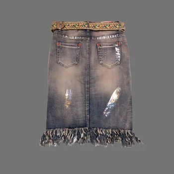 Seksualus džinsinio sijonai moterims sijonas Spausdinti paauksuotas hem kutas džinsinio audinio sijonas moterų streetwear džinsai vasaros Elastingumą slim sijonai