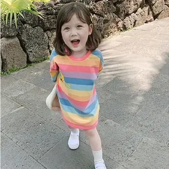 Mihkalev 2020 m. Vaikų Vasaros Drabužių 2 3 4Year Baby Girl Dryžuotas Medvilnės Suknelė Vaikams Drabužių Kostiumas