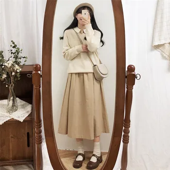 Žiemos Pagrindiniai Suknelės Ilgio Karšto Pardavimo Korėja Japonų Stiliaus Moterys Ilgomis Rankovėmis Mielas Preppy Mergaitės Baltos Apykaklės Linija Vintage Suknelė