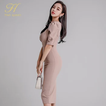 H Han Karalienė Elegantiškas V-kaklo Office Dėvėti Pieštuko Suknelė Moterims Rudenį Plonas Apvalkalas Suknelės Paprastas Šalies Darbo Bodycon Vestidos 2020 Naujas