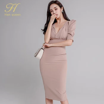 H Han Karalienė Elegantiškas V-kaklo Office Dėvėti Pieštuko Suknelė Moterims Rudenį Plonas Apvalkalas Suknelės Paprastas Šalies Darbo Bodycon Vestidos 2020 Naujas