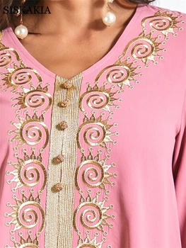 Aukso Siūlų Juostele, Siuvinėjimo arabų Suknelė Moterims Rudenį 2020 Sweet Pink V-Kaklo, ilgomis Rankovėmis Dubajaus Musulmonų Turkija Kaftan jungtiniai arabų emyratai