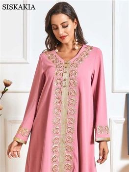 Aukso Siūlų Juostele, Siuvinėjimo arabų Suknelė Moterims Rudenį 2020 Sweet Pink V-Kaklo, ilgomis Rankovėmis Dubajaus Musulmonų Turkija Kaftan jungtiniai arabų emyratai