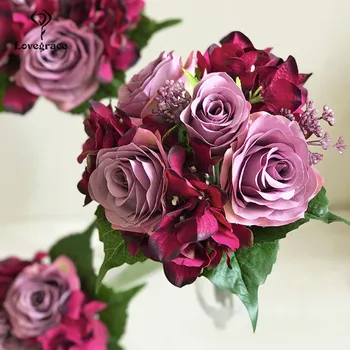 Lovegrace Vestuvių Puokštė Rožių Hydrangea Bridesmaids Nuotakos Puokštė Bordo Gėlės Dirbtinės Santuokos Namų Puošybai Gėlių