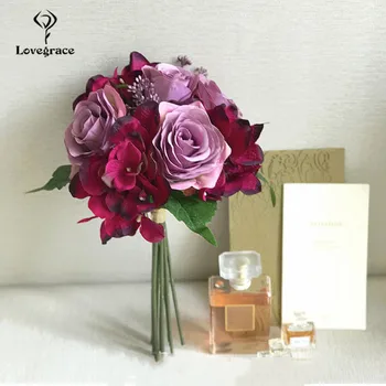 Lovegrace Vestuvių Puokštė Rožių Hydrangea Bridesmaids Nuotakos Puokštė Bordo Gėlės Dirbtinės Santuokos Namų Puošybai Gėlių