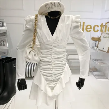 Kietojo nereguliarus ilgomis rankovėmis suknelė Moterų žiemos 2020 m. NAUJO Dizaino prasme Slim V-kaklo burbulas rankovės plisuotos suknelė