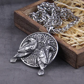Skandinavų talismanas Odin ' s Varnas Dvi Varnas Huginn ir Muninn pakabukas ant medžio gyvenimo karoliai