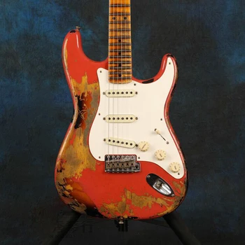 Raudona spalva Relikvijos Elektrinė Gitara,Relikvijos rankomis.aukštos kokybės paėmimas,klevų fingerboard su Relikvijos.rankų darbo 6 įgėlimo gitara.