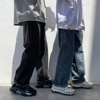 Rudenį korėjos Tiesūs Džinsai Vyrų Mados vientisos Spalvos Atsitiktinis Retro Džinsai Vyrams Streetwear Prarasti Hip-hop Džinsinio audinio Kelnės Mens S-2XL