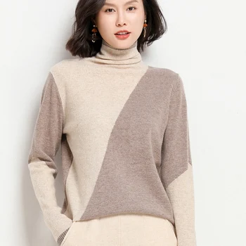 Grynas vilnonis megztinis moterims susiuvimo megztinis (puloveris vata, palaida krūva krūva apykaklės mezgimas bazės rudenį ir žiemą, naujas stilius traukti