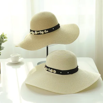 2019 vasaros turas sombrero šiaudų skrybėlę vasarą, saulės skrybėlę su pearl skydelis moterų atsitiktinis paplūdimio skrybėlę moterų Butas Gorras didmeninės