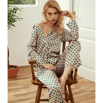 Pavasarį Moterų Pižama Komplektas Mergaitėms Namų Kostiumas Mados Pyjama Satino Femme Lounge Pijamas Mujer Sleepwear Taškų Pižamą