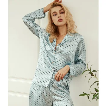 Pavasarį Moterų Pižama Komplektas Mergaitėms Namų Kostiumas Mados Pyjama Satino Femme Lounge Pijamas Mujer Sleepwear Taškų Pižamą
