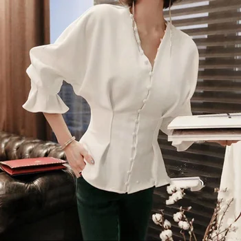 TWOTWINSTYLE Atsitiktinis Balti Marškinėliai Moterims V Kaklo Žibintų Rankovėmis Slim Elegantiška Trumpa Palaidinė Moterų 2020 M. Rudens Mados Naujo Stiliaus