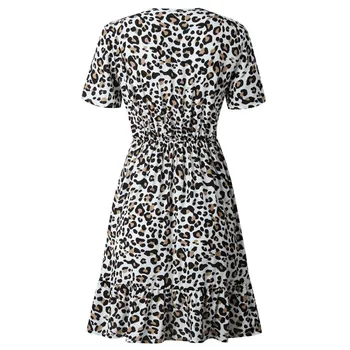 Vasaros trumpomis Rankovėmis Suknelė Moterų Leopardas Spausdinti V-Kaklo Suknelė Moterų Prarasti Atsitiktinis Suknelės