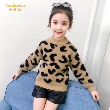 Šiltas megztinis mergaitėms Leopardas spausdinti džemperis vaikams 5-10t megzti rudens drabužių mergaičių paauglių mados ilgomis rankovėmis megztinis