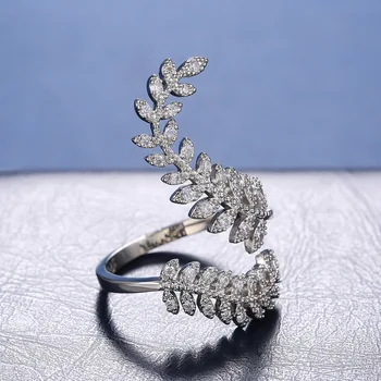 Prabanga Moterų White Crystal Akmens Žiedas Classic Sidabro Spalvos Atidaryti Vestuvinių Žiedų Moterų Senovinių Lapų Reguliuojamas Vestuvinis Žiedas