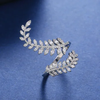 Prabanga Moterų White Crystal Akmens Žiedas Classic Sidabro Spalvos Atidaryti Vestuvinių Žiedų Moterų Senovinių Lapų Reguliuojamas Vestuvinis Žiedas