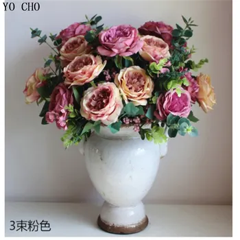 YO CHO Dideles Dirbtines bijūnų puokštė Aukštos kokybės didmeninės Europos modeliavimas Rožių gėlių dirbtinio šilko gėlės