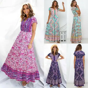 2020 Bohemišką Stilių Moterų Maxi Suknelė Ponios Vasaros Gėlių Atspausdintas Trumpas Rankovės Kaftan Paplūdimio Atostogų Atsitiktinis Ilga Suknelė Vestidos