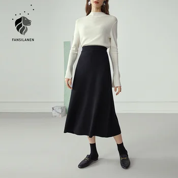 FANSILANEN Aukšto juosmens ilgai megzti-line sijonas Moterims pusėje twist elegantiškas žiemos juodas sijonas Derliaus vilnos moterų office sijonas