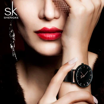 Shengke SK Mados Juoda Moterų Laikrodžiai Aukštos Kokybės Ultra plonas Kvarcas Laikrodžio Moteris Elegantiška Suknelė Ponios Žiūrėti Montre Femme SK19