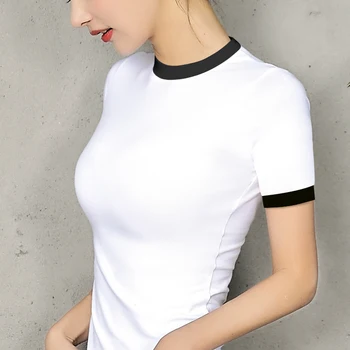 Moterų top Panele Medvilnės trumpomis rankovėmis Golfo viršų moteris marškinėlius visų rungtynių Pagrindinis t-shirt juoda pilka balta spalva moteris marškinėlius