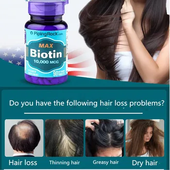 JAV PipingRock Biotinas 90 tablečių 1 butelis, apsaugo nuo plaukų slinkimo, pagerina retinimo ir riebūs plaukai
