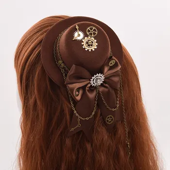 Steampunk Plaukų Clips Moterų Derliaus Lolita Pavarų Lankas-mazgas Ruda Mini Top Hat Plaukų Įrašą Letena galvos Apdangalai