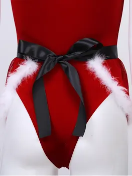 IEFiEL Moterų Išgalvotas Drabužius Kalėdų Atostogų Šalis Rinkiniai Clubwear Kostiumai Aksomo Bodysuit su Plunksna Apipjaustymas Prijuostė Skrybėlę