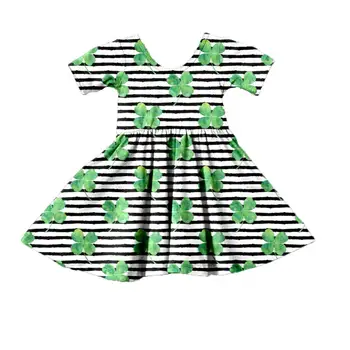 Baby Girl Drabužiai Mergaitėms St Patrick ' s Day DresssWith Trumpas Rankovės Antsiuvai Dobilų Spausdinti Merginos Žalia Suknelė Vaikai Mezgimo Medvilnės Drabužius
