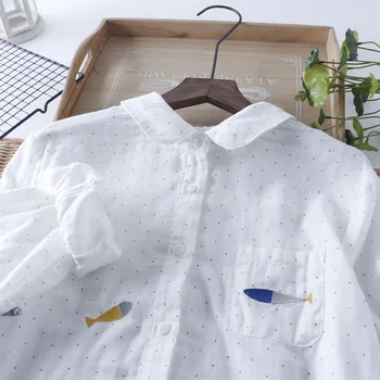 Plaukimo žuvų siuvinėjimo kropkowany spausdinti medvilnės verpalų ilgomis rankovėmis peter pan apykaklės marškinėliai palaidinė derliaus moterų 2019 m. pavasarį