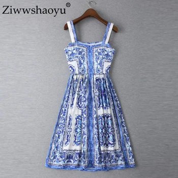Ziwwshaoyu Dizaineris Suknelė Moterų Aukštos Kokybės Retro Mėlyna Balta Porceliano Spausdinti Mygtuką Spageti Dirželis Kelio Ilgio Suknelė