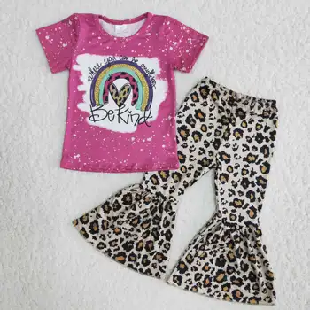 Pavasario Vaivorykštė Spausdinti Kūdikių Mergaitės, Apranga, Trumpas rankovėmis Tee Marškinėliai Bell Leopard Kelnės Vaikams Drabužių Rinkiniai Vaikams Boutique Mados