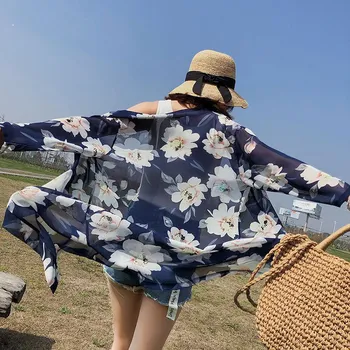 Vasaros Moterų Palaidinė Kimono Vidutinio Ilgio Šifono Spausdinti Begonia Apsauga nuo Saulės, Drabužiai Cardigan Palaidinės Paplūdimio