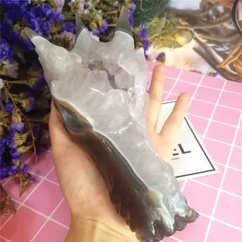 Karšto 9-16cm super didelis dydis dragon kaukolė drožyba magija agato akmuo kristalas geode kristalų sankaupos gydymo kristalų apdaila