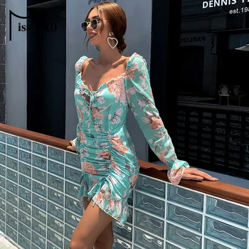 Missord Seksualus Šifono Rankovėmis Varpo Raukiniai Bodycon Suknelė Moterims Mini Suknelė Rudens Atostogų Gėlių Spausdinti Boho Paplūdimio Suknelės M0361-2