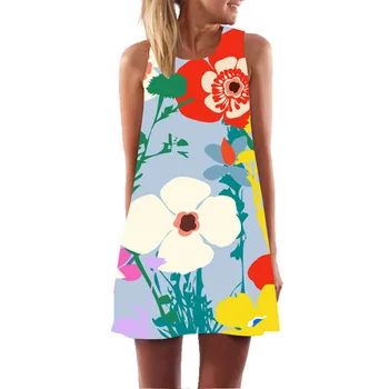 Vasarą Moterys 3D Degital Spausdinti Mini Suknelė be Rankovių O-Kaklo Atsitiktinis Palaidų-line Trumpos Suknelės 2020 Elegantiškas Holiday Beach Sundress
