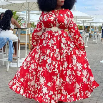 4xl 5xl Plius Dydis Afrikos Suknelė Moterims, Raudonos spalvos Gėlių Spausdinti ilgomis Rankovėmis Grindų Ilgis Didelis, Elegantiškas Vakare Šalies Vestidos Maxi Suknelė
