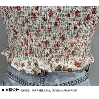 Sexy Vasaros Gėlių Pasėlių Viršuje Moterų Slim V-Kaklo, Ilgomis Rankovėmis Klostyti Blusas Šifono Marškinėliai Korėjos Drabužių