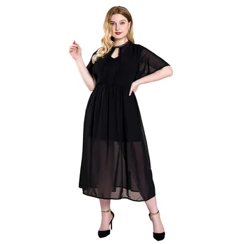 Vasaros plius dydis ilga suknelė moterims didelių palaidų trumpas rankovės skaidri elastinga juosmens V kaklo suknelės juoda 4XL 5XL 6XL 7XL
