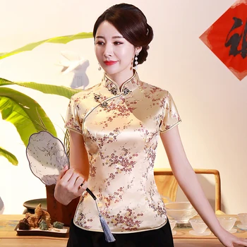 Retro Tamsiai Mėlyna Kinijos Lady Satino Palaidinė Gėlė Elegantiškas Vasaros Marškinėliai Mandarinų Apykaklės Plius Dydis Viršūnes Tradicinių Drabužių S-4XL