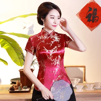 Retro Tamsiai Mėlyna Kinijos Lady Satino Palaidinė Gėlė Elegantiškas Vasaros Marškinėliai Mandarinų Apykaklės Plius Dydis Viršūnes Tradicinių Drabužių S-4XL