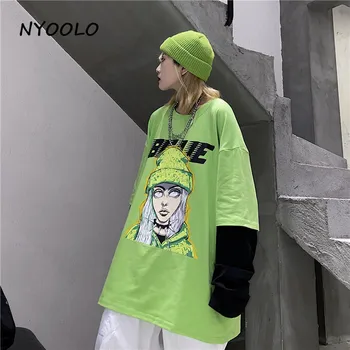 NYOOLO Harajuku gatvėje netikrą 2 vnt kratinys anime hip-hop portretas print long sleeve T-shirt moterims, Rudenį, puloveriai punk viršūnės
