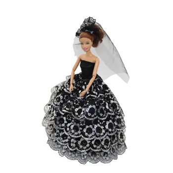 Juoda Nėrinių Vestuvių Suknelė Komplektai Barbie, BJD Doll Drabužių Priedai Žaisti Namuose Padažu