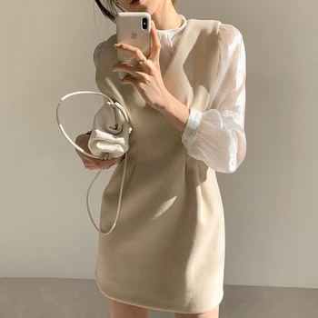 Korėjos Šifono ilgomis Rankovėmis Marškinėliai Suknelė Tiktų Moteris Paprastas Aukšto Juosmens Kietas Slim Suknelė Tiktų Ponios Prarasti Mini Suknelės Moterų Kostiumas