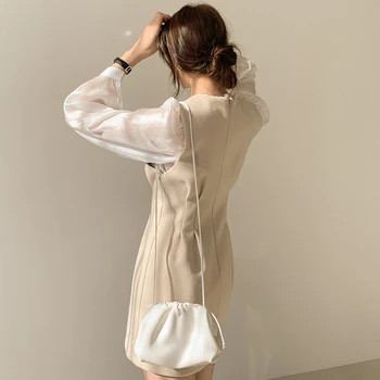 Korėjos Šifono ilgomis Rankovėmis Marškinėliai Suknelė Tiktų Moteris Paprastas Aukšto Juosmens Kietas Slim Suknelė Tiktų Ponios Prarasti Mini Suknelės Moterų Kostiumas